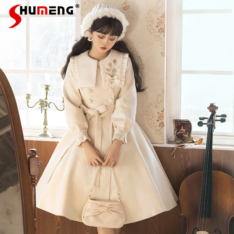 

Japanese Coat Lolita Woolen Jacket Puff Sleeve Double Breasted Red And White All-Match Dress Fall Winter Windbreaker For Women