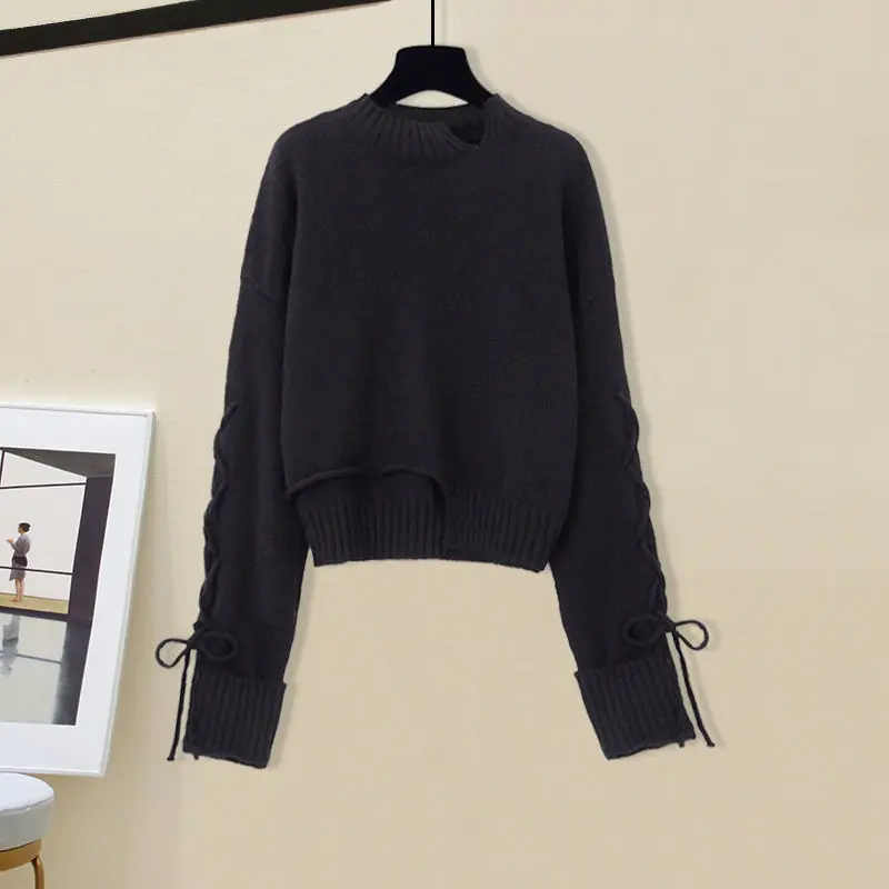 

New Autumn/Winter Fashion Trend Irregular Short Half High Neck Lace Up Loose Versatile Foreigner Long Sleeve Women's Sweater