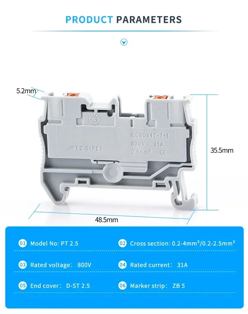 Electrical Wire Connector 10Pcs Din Rail Terminal Block PT-2.5 Push In Terminal Connector Spring Screwless Electrical Wire Conductor Block PT2.5