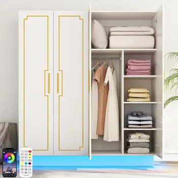 70in LED 4 Doors Armoires Wardrobe Closet&Cabinet with Metal Hanging Rod Bedroom White Tall Armoires with RGB LED 1
