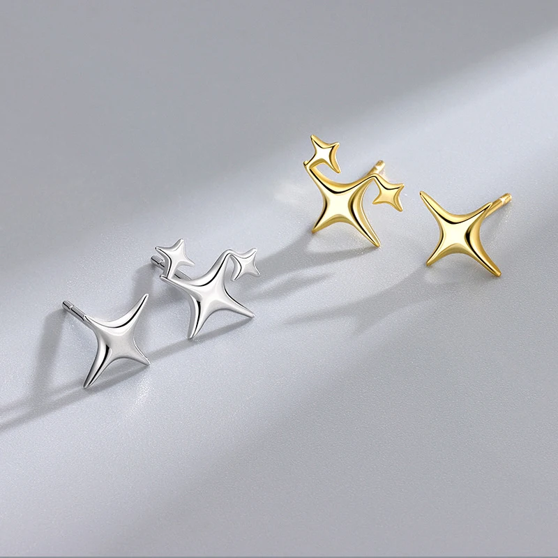 S925 Silver Needle Gold Color Star Small Stud Earrings For Women Girl Korean Tiny Asymmetry Cross Earring Summer Jewelry Gift - Image 2