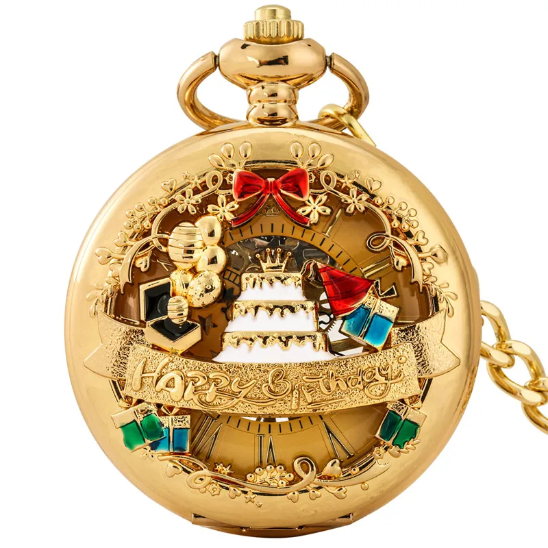 Silver/yellow Gold Pocket Watch Hollow Out Happy Birthday Cake Design Unisex Hand Winding Mechanical Clock Timepiece with Chain