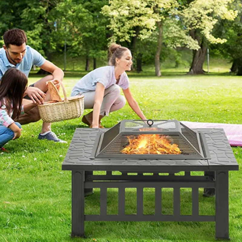 32x32x17Inch Outdoor Metal Wood Burning Square Fire Pit Portable Garden  Courtyard Fire Bowl with Spark Screen Log Pokeru0026Cover