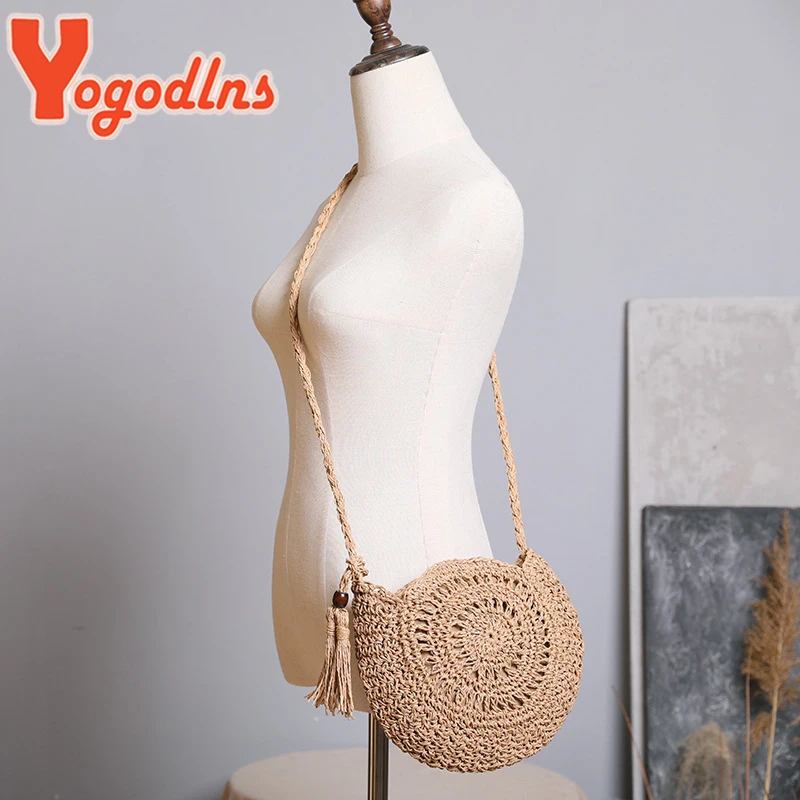 Yogodlns Round Soft Paper Rope Shoulder Bag Tassel Summer Beach Handmade Crossbody Bags Women Hollow Straw Bag Circle Rattan Bag