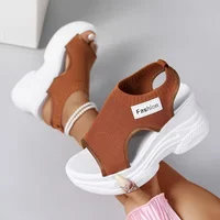 Sandales compensées respirantes pour femmes, style coréen, à bout ouvert, en maille tricotée, pour l'été 5
