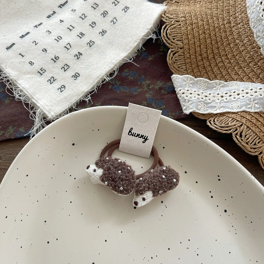 2pcs/set Baby Girls Cute Hedgehog Hairpin Elastic Coffee Hair Bands BB Clip Rubber for Kids Hair Rope Ties Children Accessories