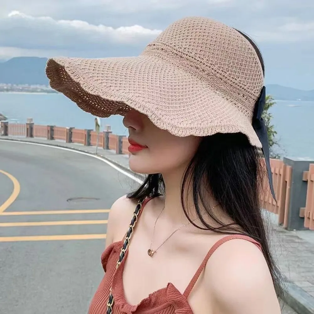 

Соломенная шляпа с защитой от ультрафиолета, складная Панама с широкими полями и верхом с отверстиями, с бантом, для пляжа и путешествий