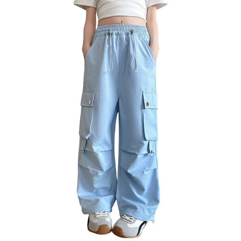 Girls Workwear Pants Summer Big Children Fashion 3 Colors Ice Silk Loose Straight Leg Trousers For 5-14Years Kids
