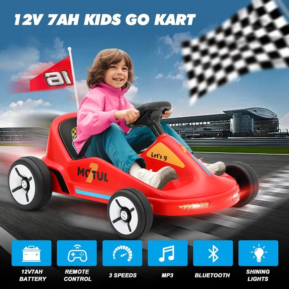 Kids Ride On Car, 12V7AH Battery Powered Electric Cars for Kids, Ride On Toy with Remote Control, Flag, Music, Lights, Red