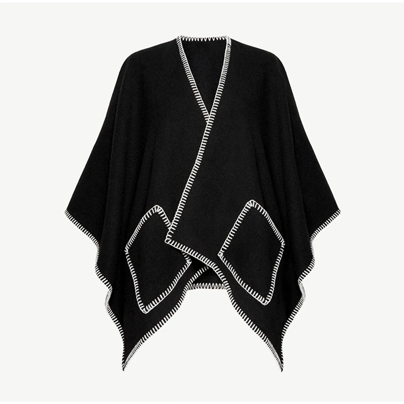 Gestrickter Poncho für Damen, weiße Kontrastnähte, asymmetrischer Saum, übergroßer Mantel, 2025, Herbst-Winter, weiblich, täglich, lässige Oberbekleidung – Detail 11