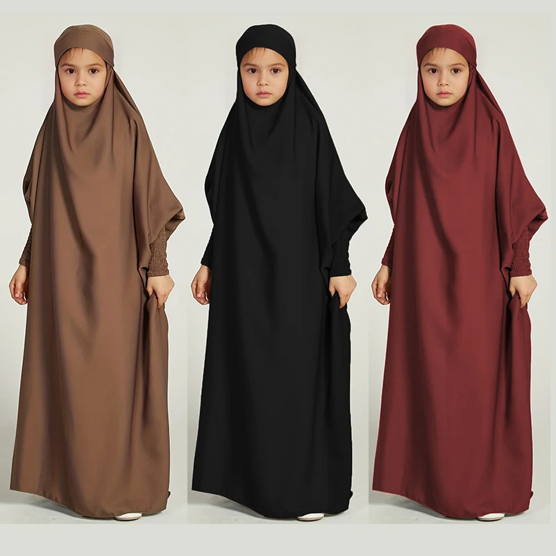 Vestido abaya muçulmano para meninas, cor sólida, longo, kaftan, roupa de criança, presente