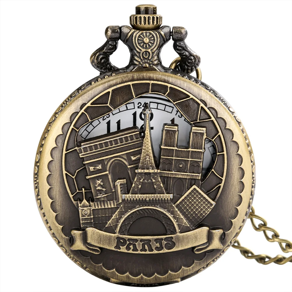 Paris Landmark Eiffel Tower Hollow Bronze Quartz Pocket Watch