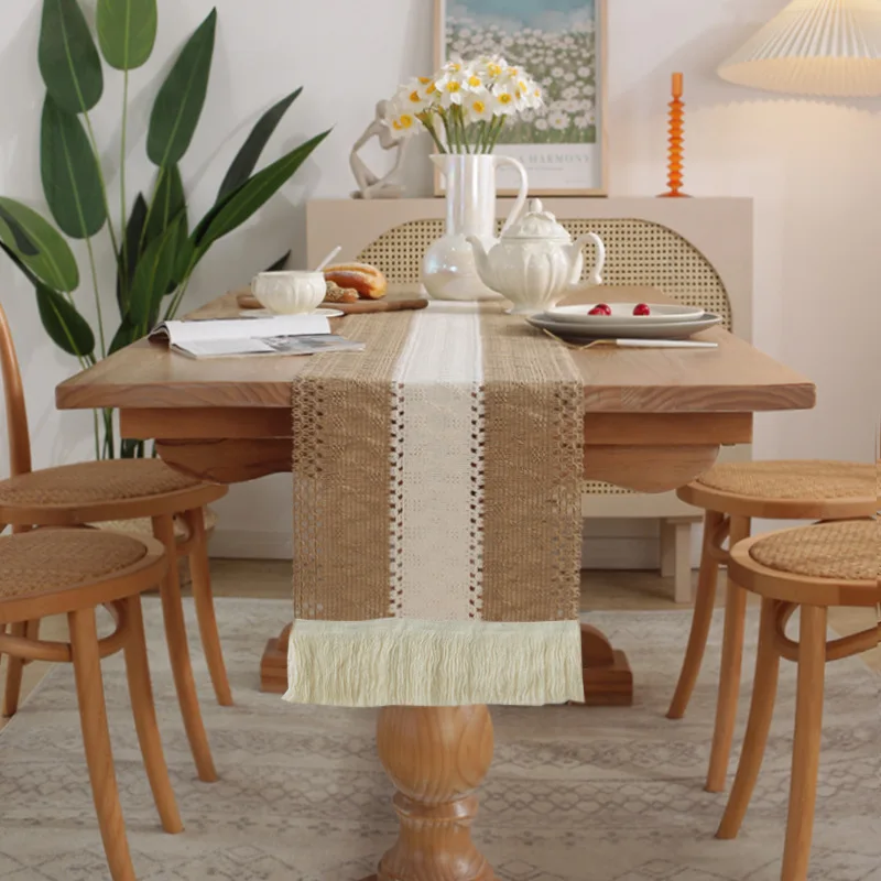 Runner da tavolo in macramè boho beige (30 x 180 cm) con nappe, runner da tavolo in cotone intrecciato a mano, runner da tavolo rustico in stile fattoria per tavolo da pranzo