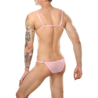 Sexy Bikini Men Gay Underwear Lace Transparent Sissy Bra Briefs Set 2