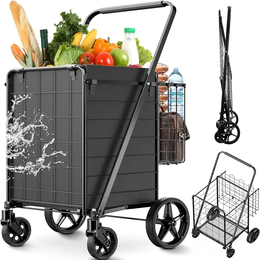 

Shopping Cart for Groceries Jumbo Upgraded Grocery Cart with Waterproof Liner 360° Rolling Swivel Wheels and Double Basket