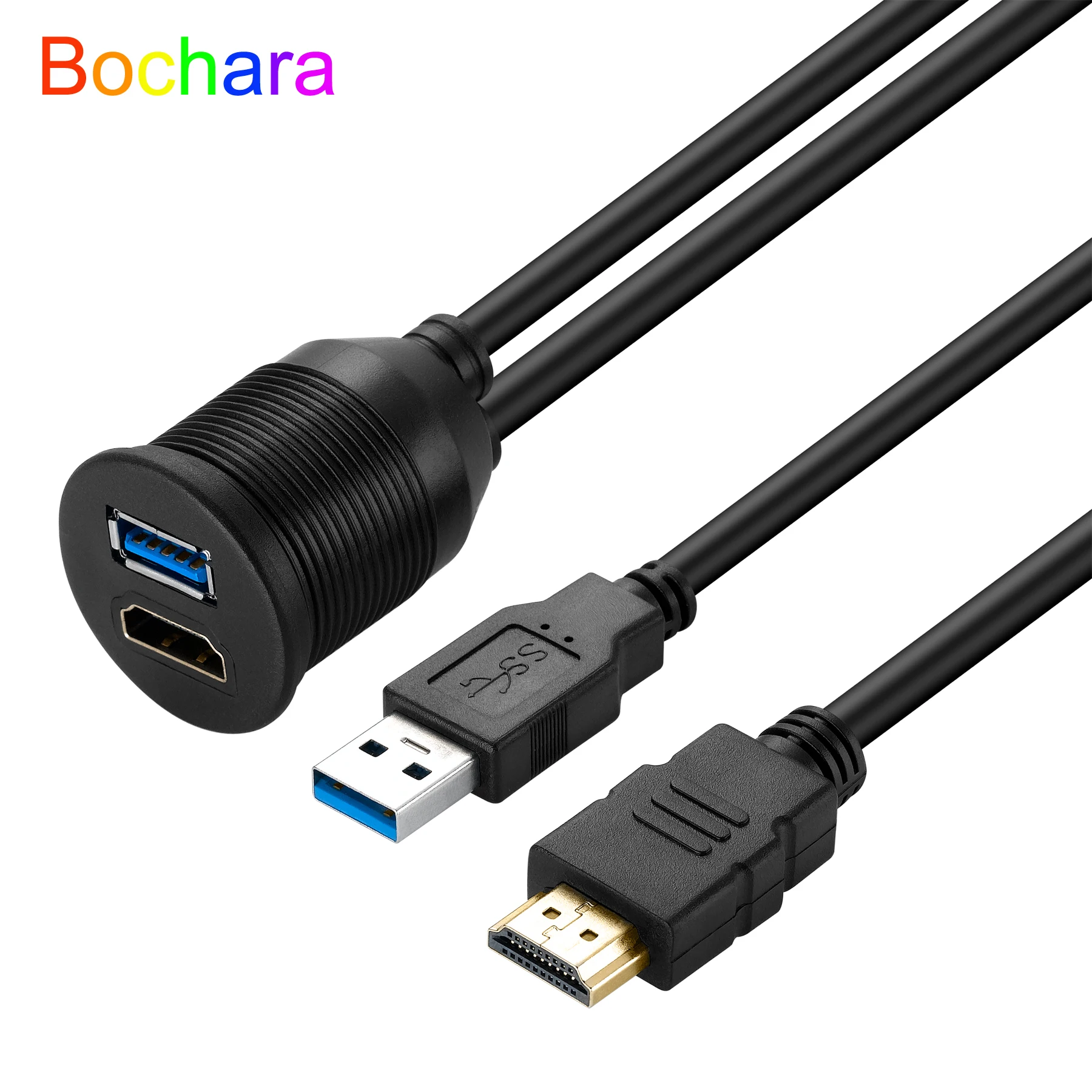 Bochara-Cabo de Extensão Compatível com HDMI, USB 3.0, USB 2.0 +, macho para fêmea, V2.0, 4K x 2K @ 60Hz, Flush Mount Painel Painel para carro