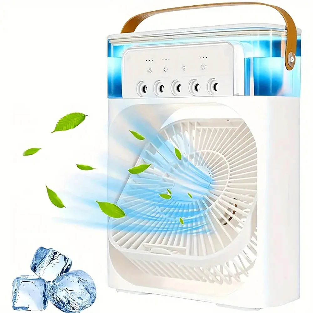 2 Color Portable air conditioning fan with 7 coloured LEDs 1/2/3 H timer 3 air speeds 3 spray modes Mini evaporative air cooler