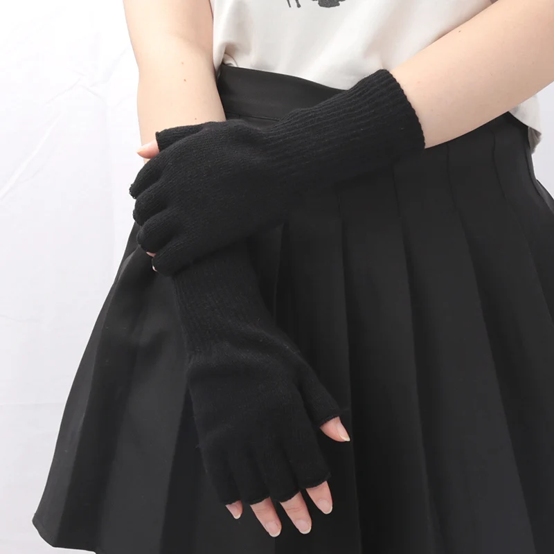 1 Pair Long Gloves Black Fingerless Knitted Gloves for Men Women Warm Outdoor Mitten Cycling Accessories Elastic Work Gloves
