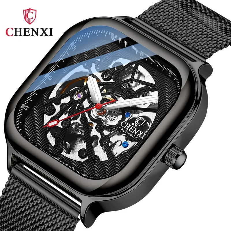 Trendy Men's Watches Luxury Automatic Mechanical Watch Men Square Stainless Steel Mesh Weaving Hollow-out Sport Wristwatch man