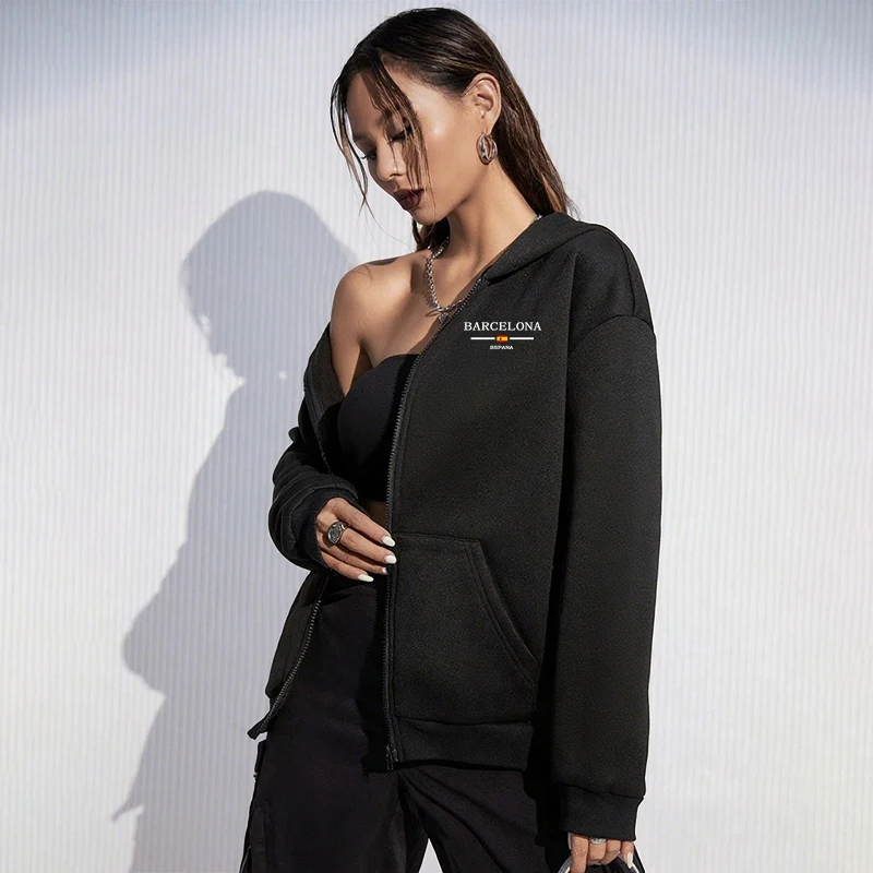 Autumn Winter Female Daily Casual Sport Coat 2025 New Arrival Woman Zipper Hoodie High Quality Barcelona Print Hooded Sweatshirt