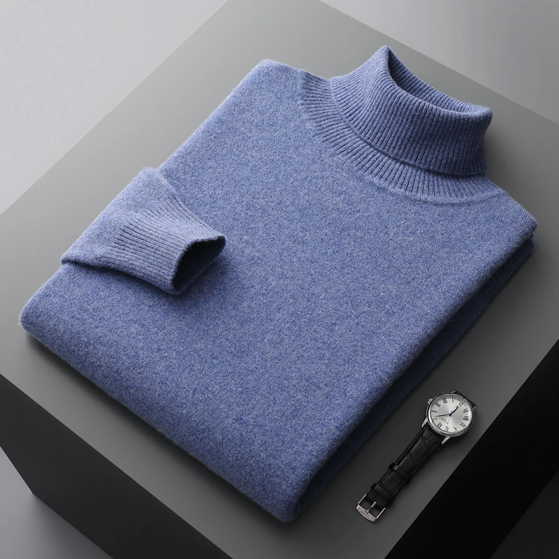 Autumn and winter new 100% pure merino wool pullover men's high-necked cashmere sweater thick warm loose solid color coat.