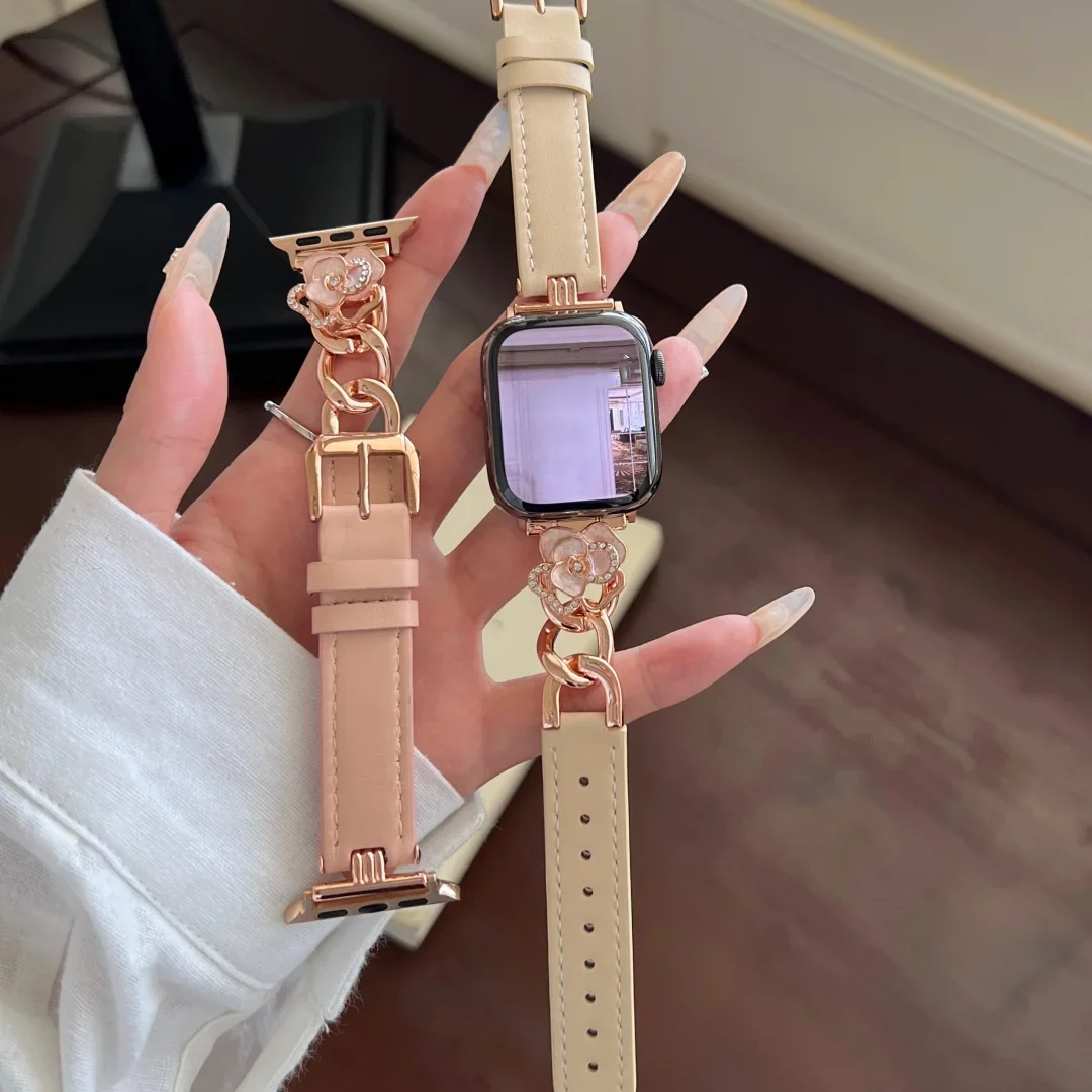 For Apple watch ultra21ses987654321 series 4144 45 49mm strap Metal flowers Calf leather decoration with black soft leather band