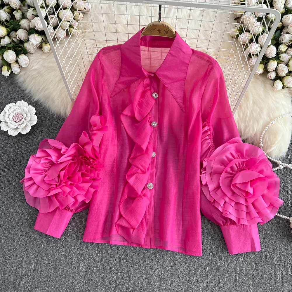 

European and American Lapel Single-breasted Ruffled Stitching Three-dimensional Flower Loose Shirt Women's Top Spring