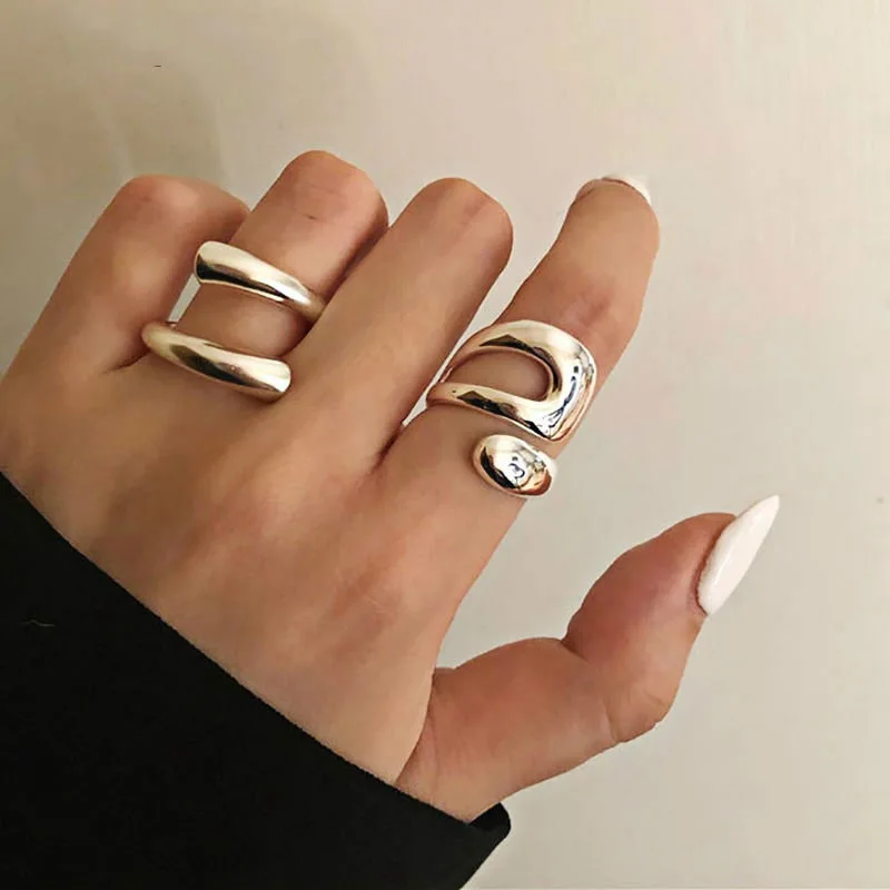 Stainless Steel Ring 2Pcs Stainless Steel Geometric Hollow Layered Wide Ring Metal Texture Waterproof Daily Simple Stylish Golden Jewelry Women