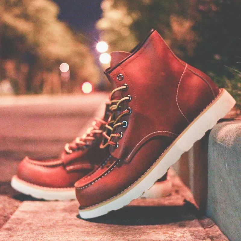 Genuine Leather Men's Boots Vintage Tooling Boots Man Short Boot Rhubarb Boots Men's High Top Men's Shoes Leather
