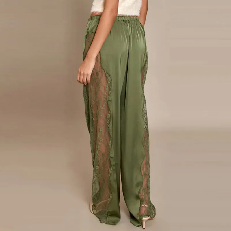 Casual Lace Satin Patchwork Pants Women See Through High Waist Lace Up Straight Trousers 2026 Spring Lady Solid Chic Trouser