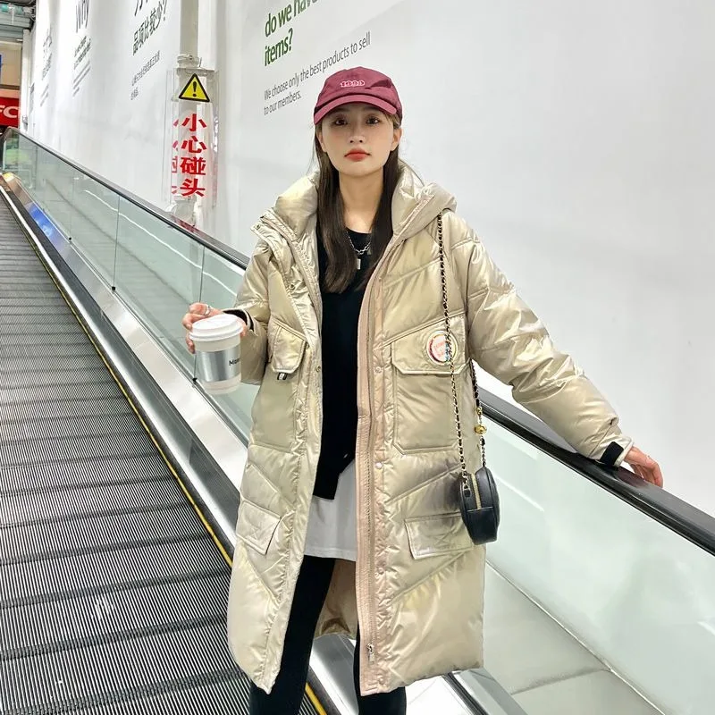 2023 New Women Down Jacket Winter Coat Female Mid Length Version Parkas Loose Thick Warm Outwear Hooded Fashion Overcoat