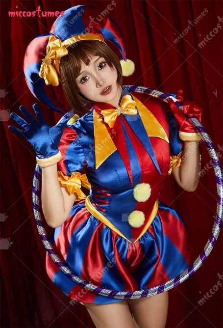 Damen Clown Cosplay Kostüm Harlekin Jumpsuit und Hut mit Handschuhen und Socken 21