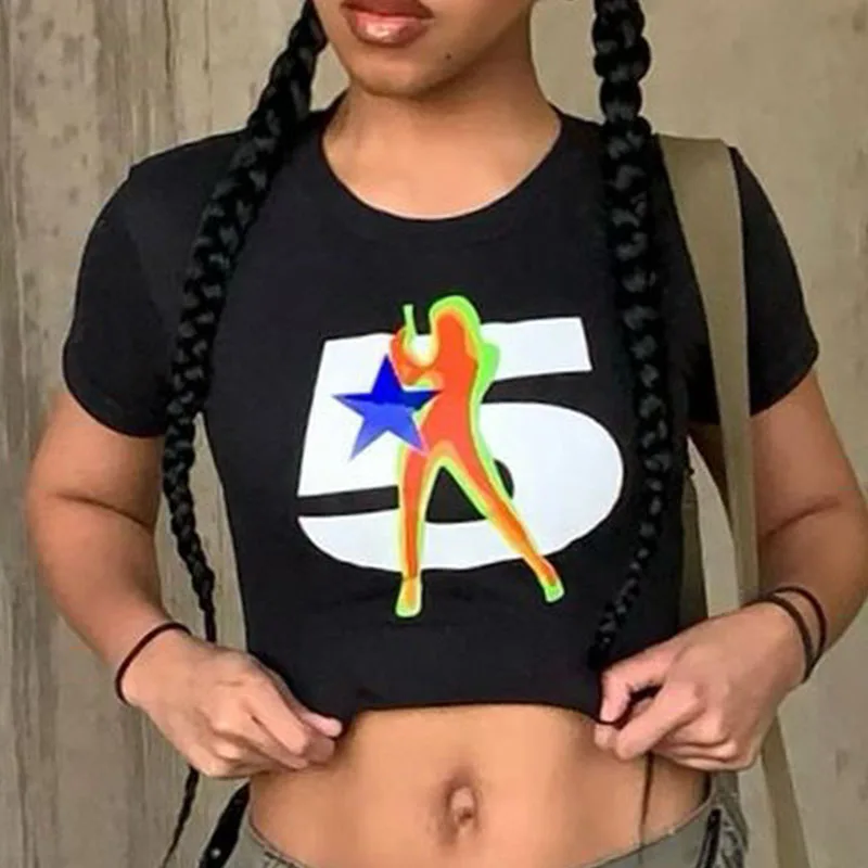 Y2K Summer Digital Printed Women's Top Street Trend Slim Fit Open Navel T-shirt for Women