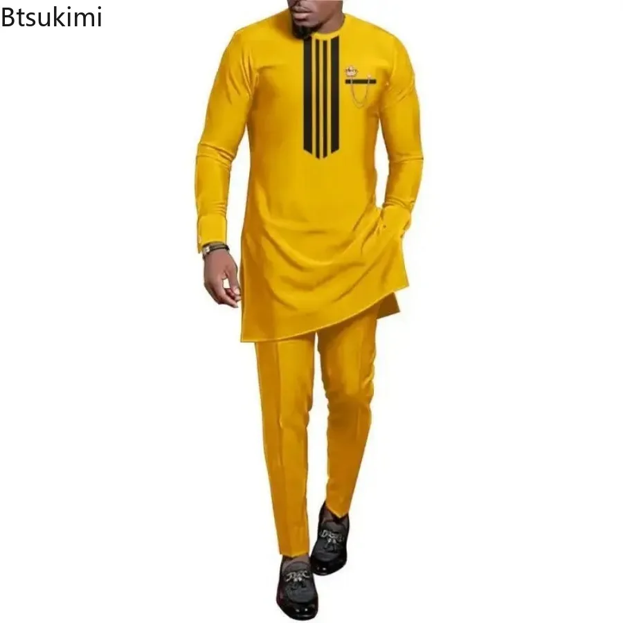 2024 African Traditional Casual Sets for Men Comfortable Cotton Solid Simple Long Sleeve Muslim Fashion Two Pieces Kaftan Outfit
