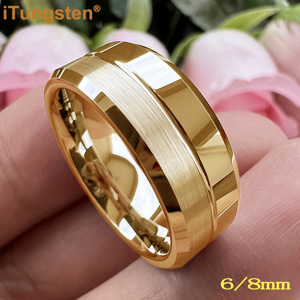 

iTungsten Men Women Nice Wedding Band Classic Tungsten Carbide Ring Grooved Beveled Polished Brushed Finish Comfort Fit