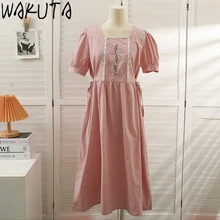 WAKUTA Vintage Sweet Short Sleeve Maxi Dress Japan Korean 2022 Summer Embroidery Lace Patchwork Square Neck Solid Women Dresses