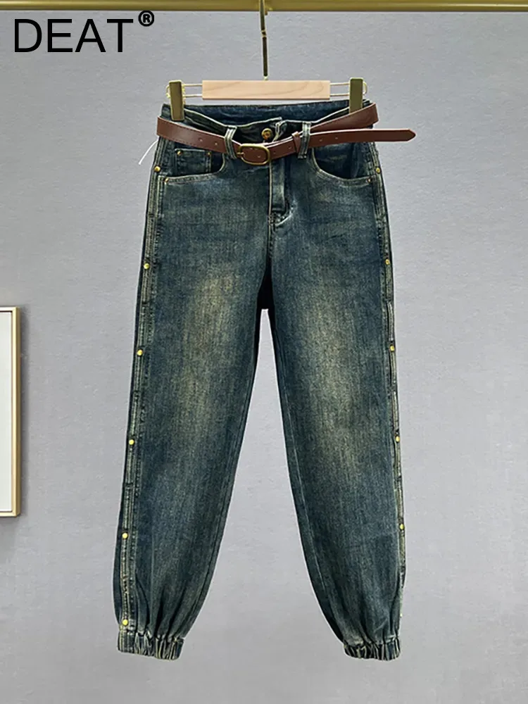 

DEAT Women's Jeans High Waist Slim Blue Ankle-Length Rivet Female Do Old Washed Ankle-tied Pants 2023 Autumn New Fashion 29L4064