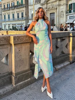 Women Print Halter Top Long Skirt Suits Bow Bandage Backless Sleeveless Tank High Waist Skirts Sets 2026 Summer New Lady Outfits 1