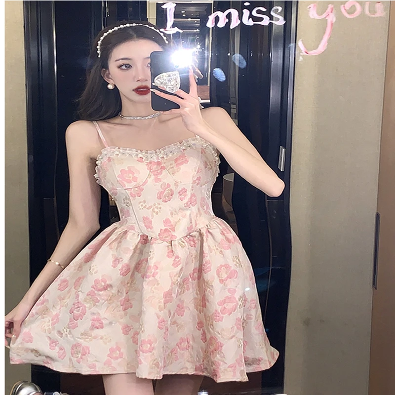 

2023 Summer New Dress High Grade Fragmented Flower Studded Bead Waist Wrap Style Sling Free Shipping