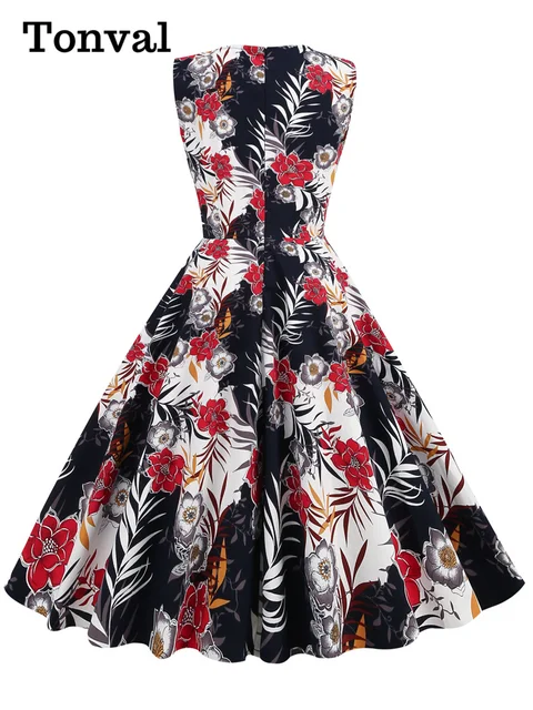 112749-12c0dc.jpg Tonval élégant années 50 Robe rétro vêtements Pinup été Robe florale col rond sans manches femmes coton Vintage imprimé robes