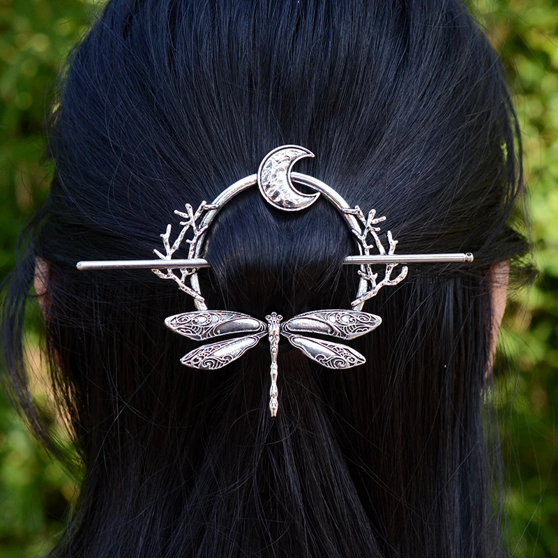 Witch Woodland Goddess Crescent Moon Dragonfly Hairstick Fairy Moon Dragonfly Insect Hair Barrette Hairclip For women Wicca