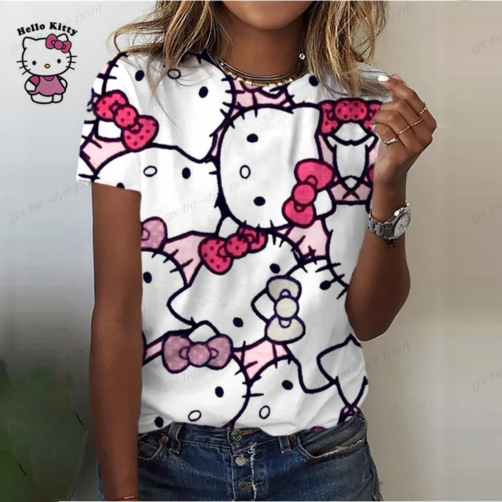 thumbnail image 1 of Camiseta de algodón de Hello Kitty para mujer, camiseta de verano con estampado de dibujos animados y cuello redondo, camisa de manga corta para mujer, chándal, ropa holgada, 1 of 5