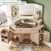 Vanity Desk with 3 Way Mirror and Lights, 48" Large Corner Vanity Table with Glass Top,Storage Cabinets & Shelves, Natural Oak 2