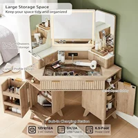 Vanity Desk with 3 Way Mirror and Lights, 48" Large Corner Vanity Table with Glass Top,Storage Cabinets & Shelves, Natural Oak 2