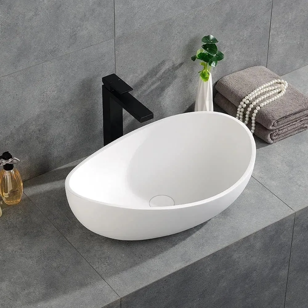 Oval Vessel  Stone Resin Bathroom Sink Modern Art Sink Matte White with Pop Up Drain (Glossy White) 4