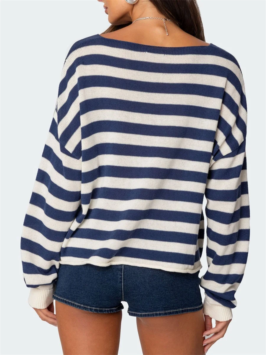 Women s Cozy Oversized Knit Pullover Sweater with Ribbed Round Neckline and Stylish Striped Design for Fall Winter Casual Wear