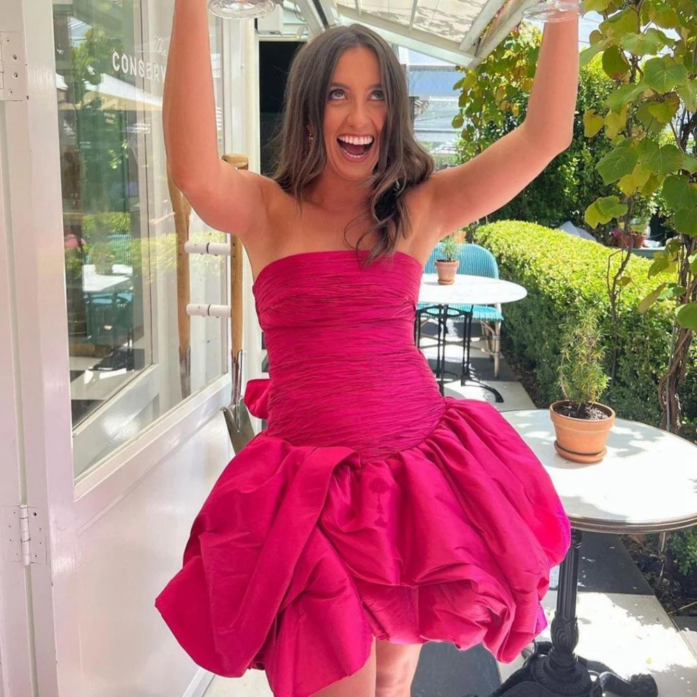 

Strapless Hot Pink Mini Length Ruffled Woman Clothes With Bow Fuchsia Open Back Party Dress Custom Made Woman Clothing