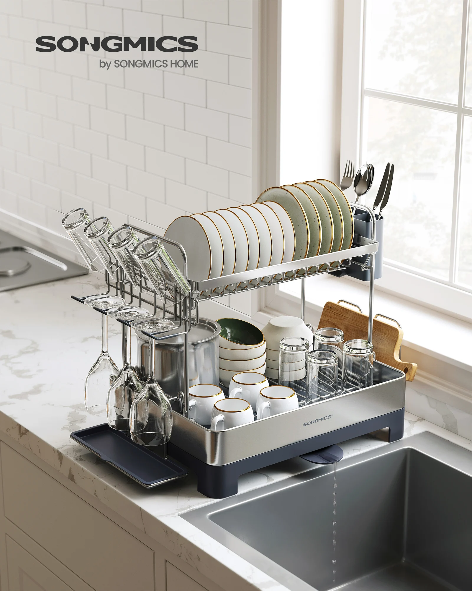 SONGMICS Dish Drying Rack - 2 Tier Dish Rack for Kitchen Counter with Rotatable and Extendable Drain Spout 2