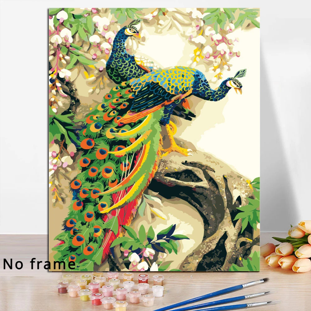 

HELLOYOUNG Digital Painting picture drawing Painting Peacock three by numbers oil paintings chinese scroll paintings Home Decor