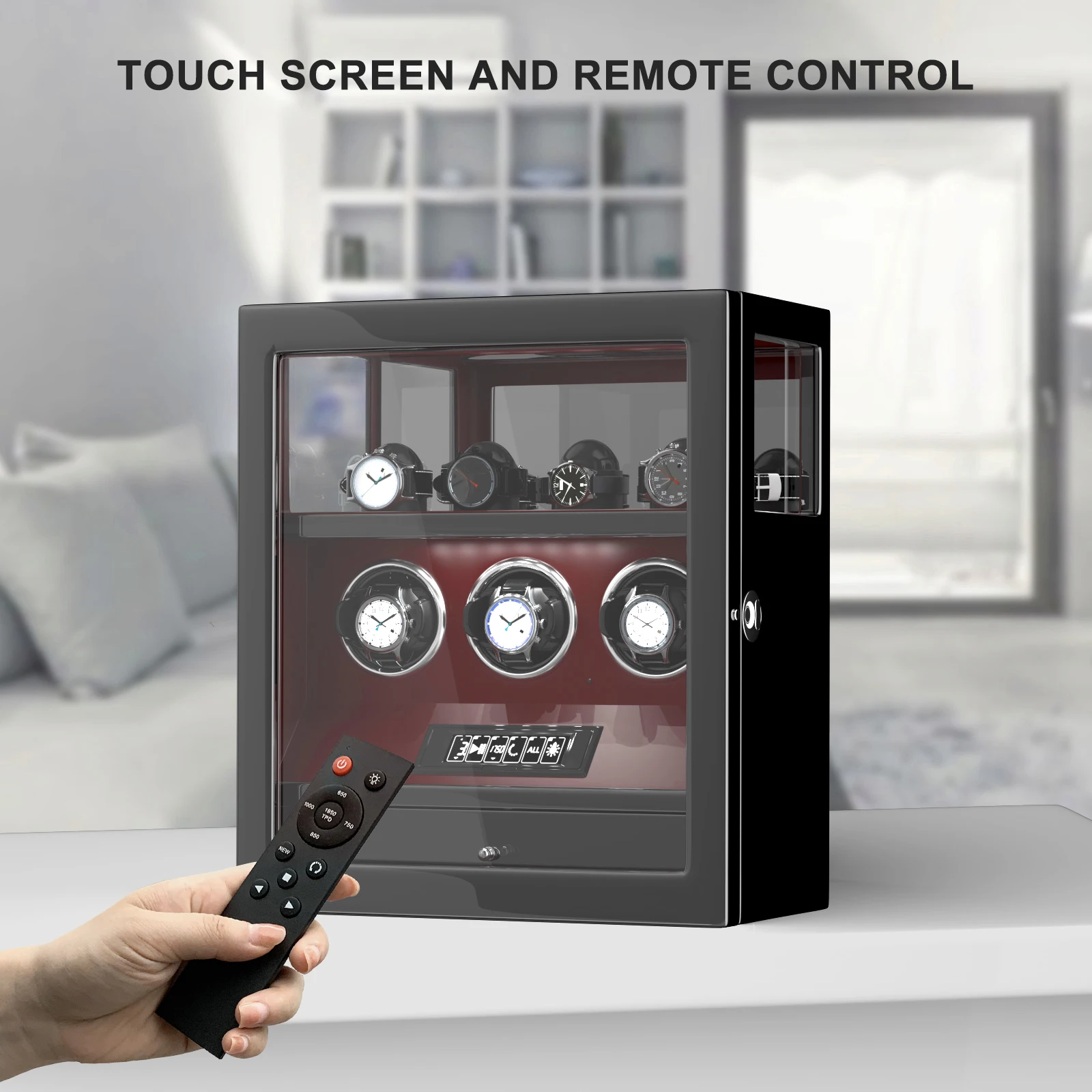 Sb1b02fb4fa474742aaa8aa87def68e38s Fingerprint Unlock Automatic Watch Winder 3 Slots Display and Jewelry Storage Drawer Remote Control Watch Safe Box